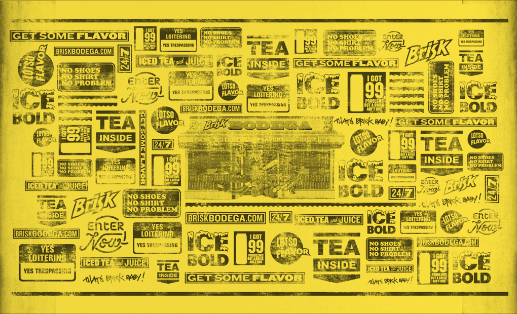 Yellow Brisk Bodega visual system with hand-drawn product typography and storefront artwork