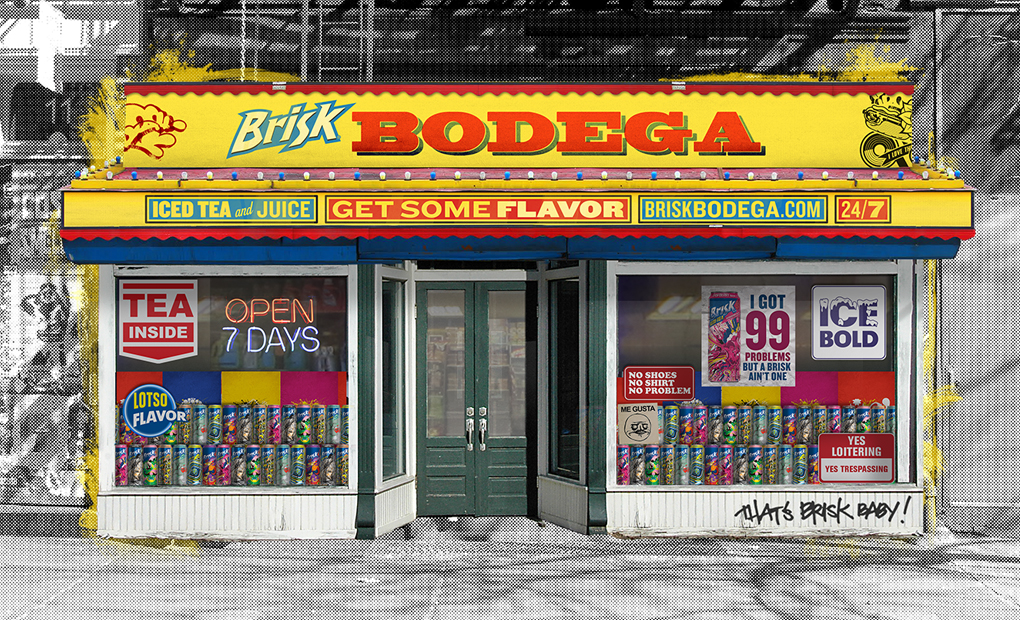 Illustrated Brisk Bodega storefront with yellow and red signage